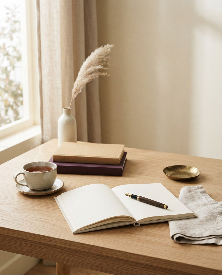 An open notebook, pen and cup of tea on a sunlit table
