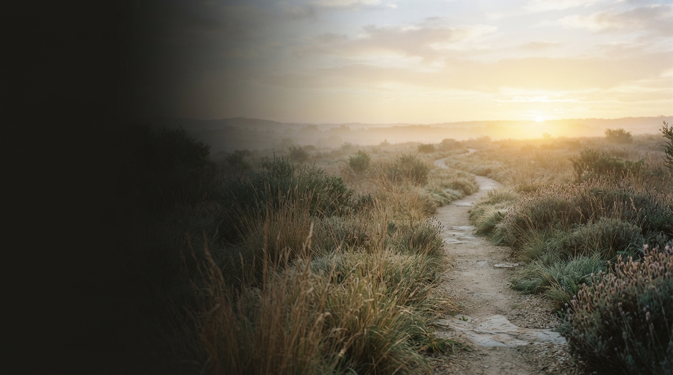A garden path winding towards a golden sunrise through morning mist