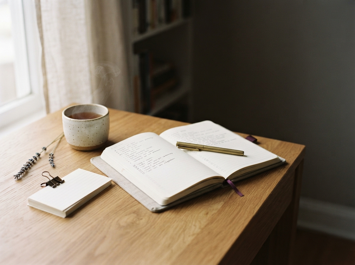 An open planner with a brass pen, index cards and a cup of tea on a sunlit oak desk