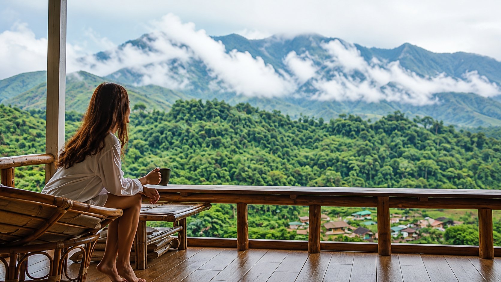 Una mujer contemplando un paisaje montañoso desde una terraza