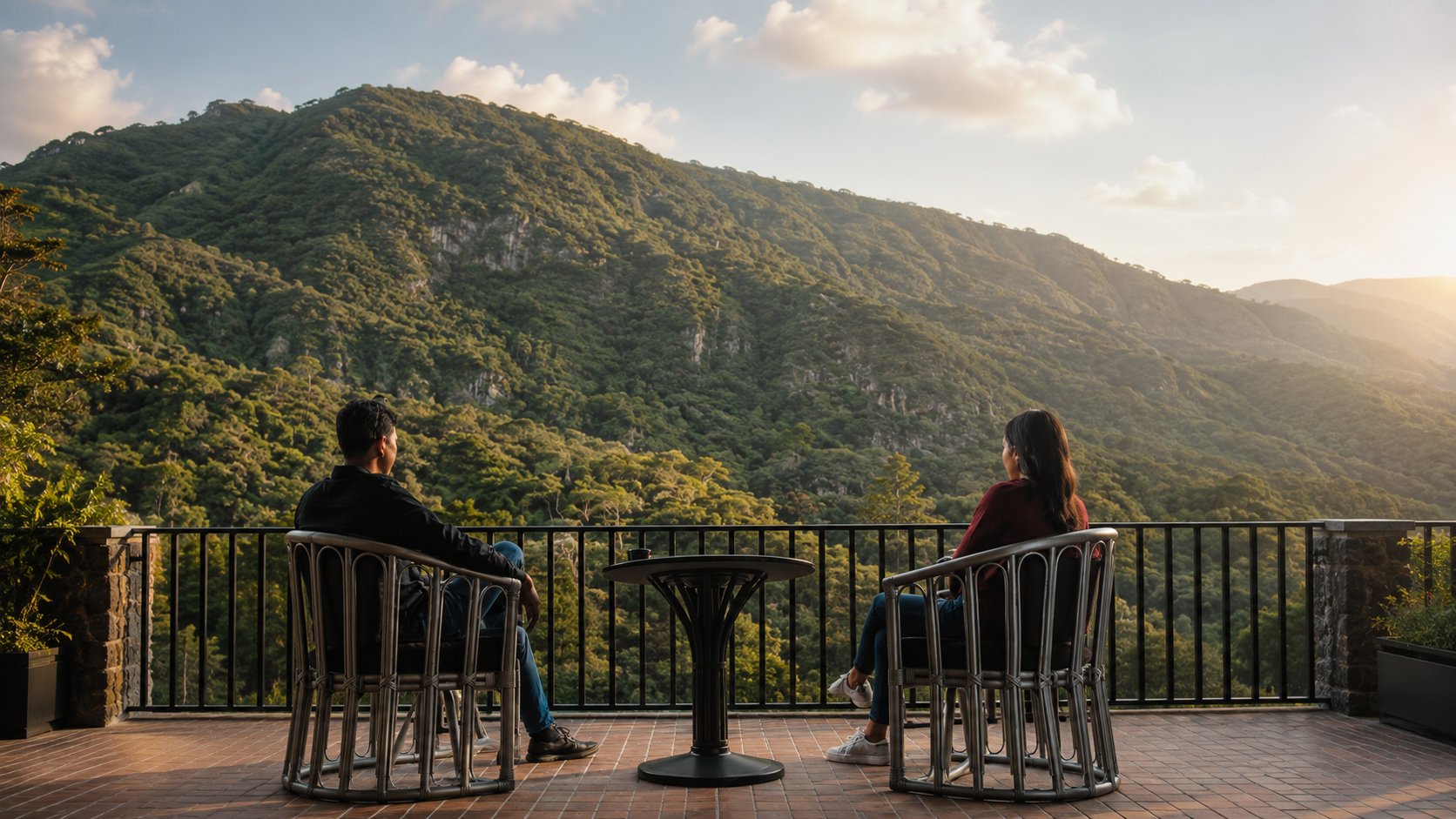 Pareja contemplando un paisaje montañoso desde una terraza