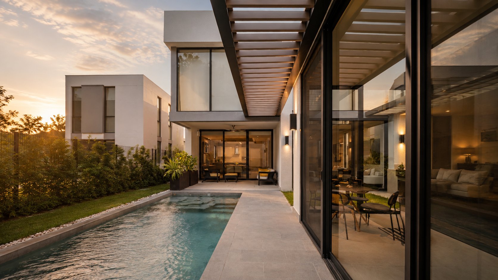 Arquitectura residencial contemporánea con piscina y pérgola