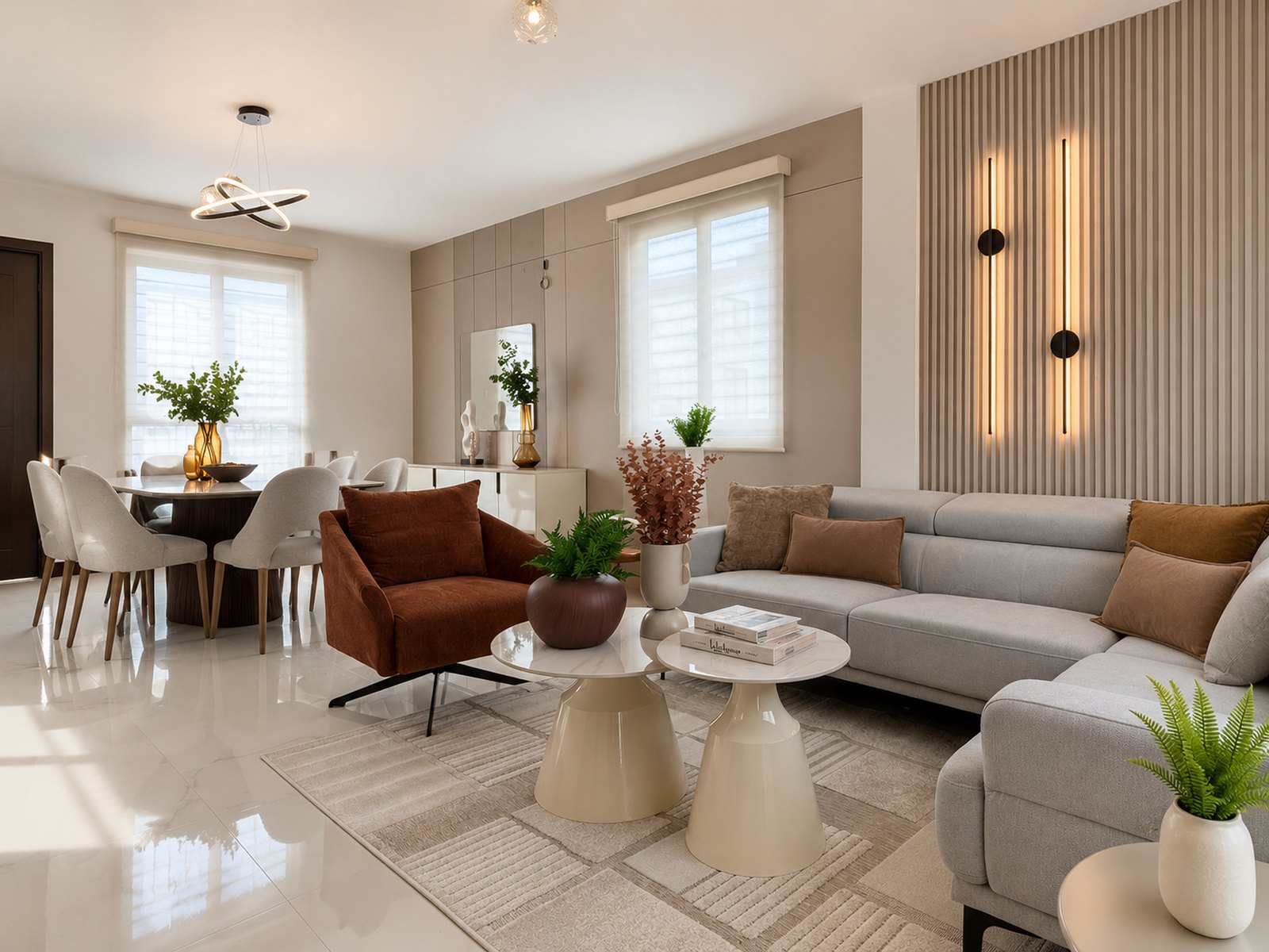 Sala y comedor de la casa modelo Riverview en Costa Verde