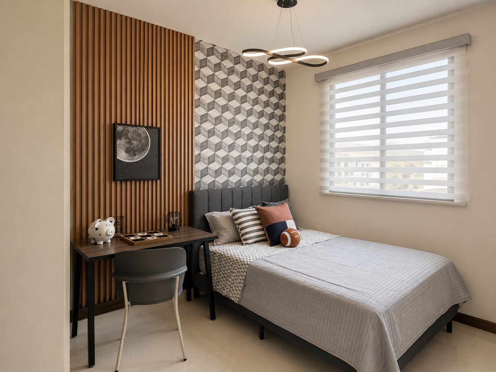 Recámara con área de estudio de la casa modelo Riverview