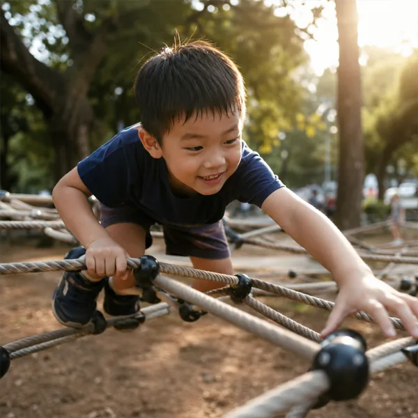 Child climbing and building outdoors