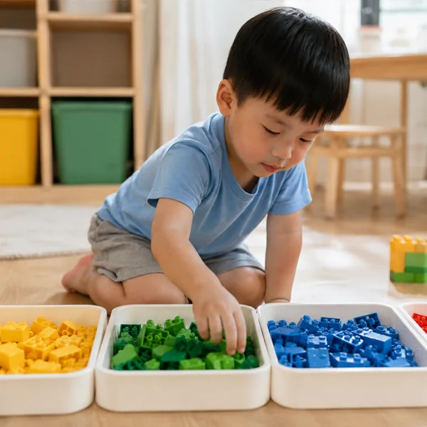 Child sorting toys in neat rows