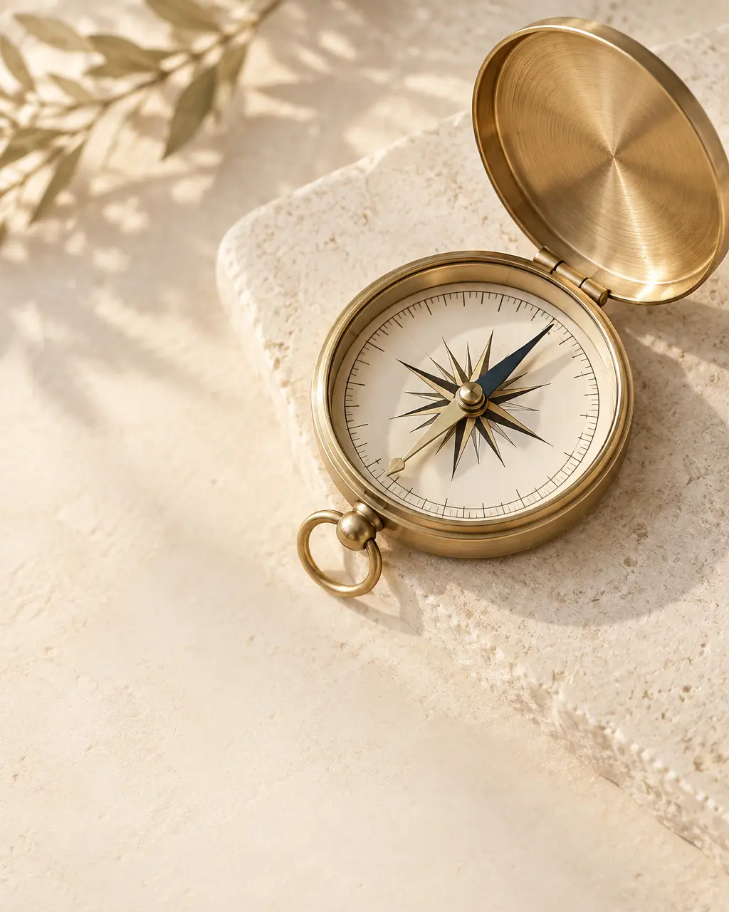 An open brass compass on warm ivory stone