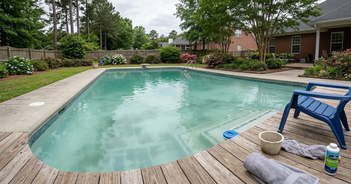 Hazy cloudy pool water in a Lexington SC backyard Hazy cloudy pool water in a Lexington SC backyard