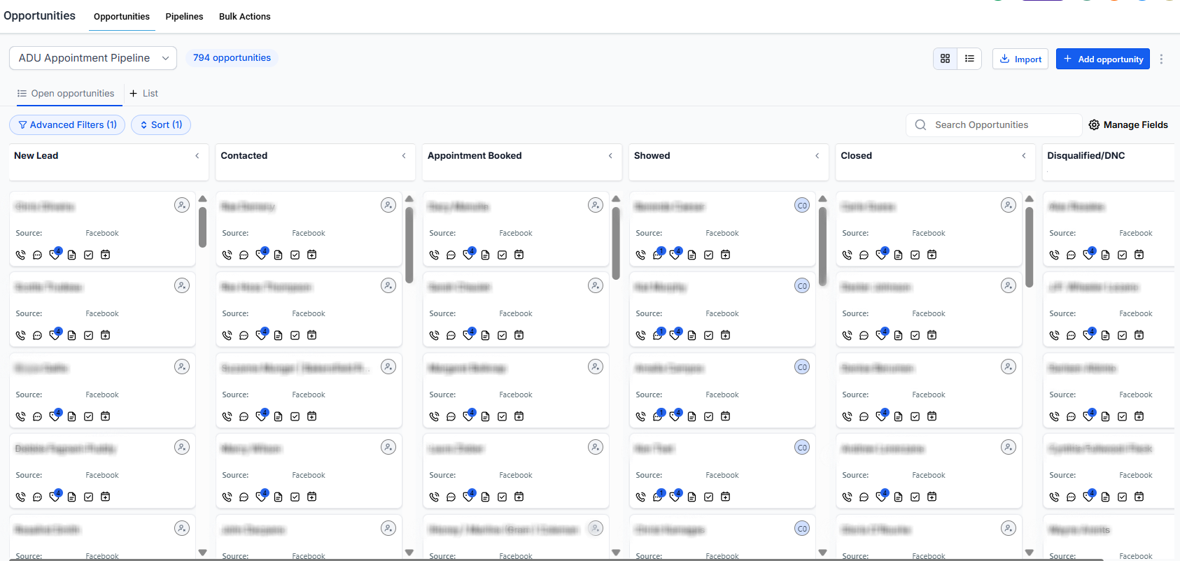 CRM pipeline — 794 homeowner opportunities across appointment stages