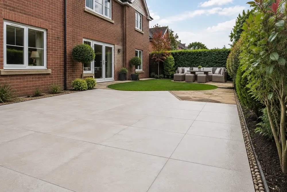 Large-format porcelain patio in a professionally landscaped garden