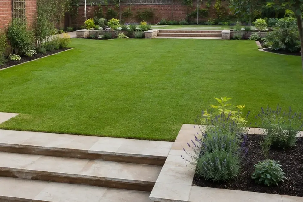 Fresh green lawn in a professionally landscaped garden