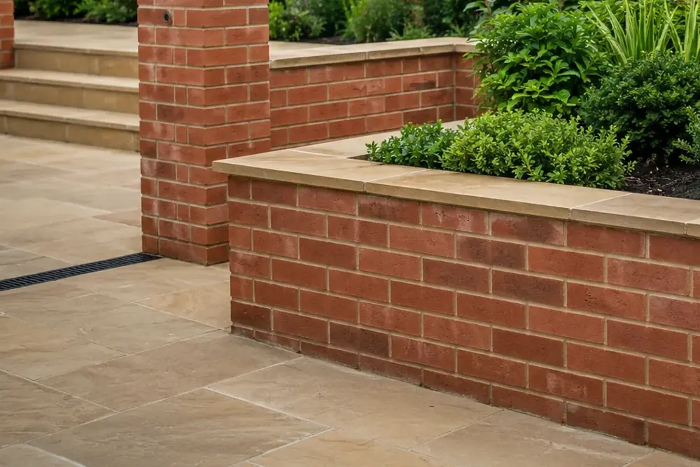 Detailed red-brick garden walls and raised planters