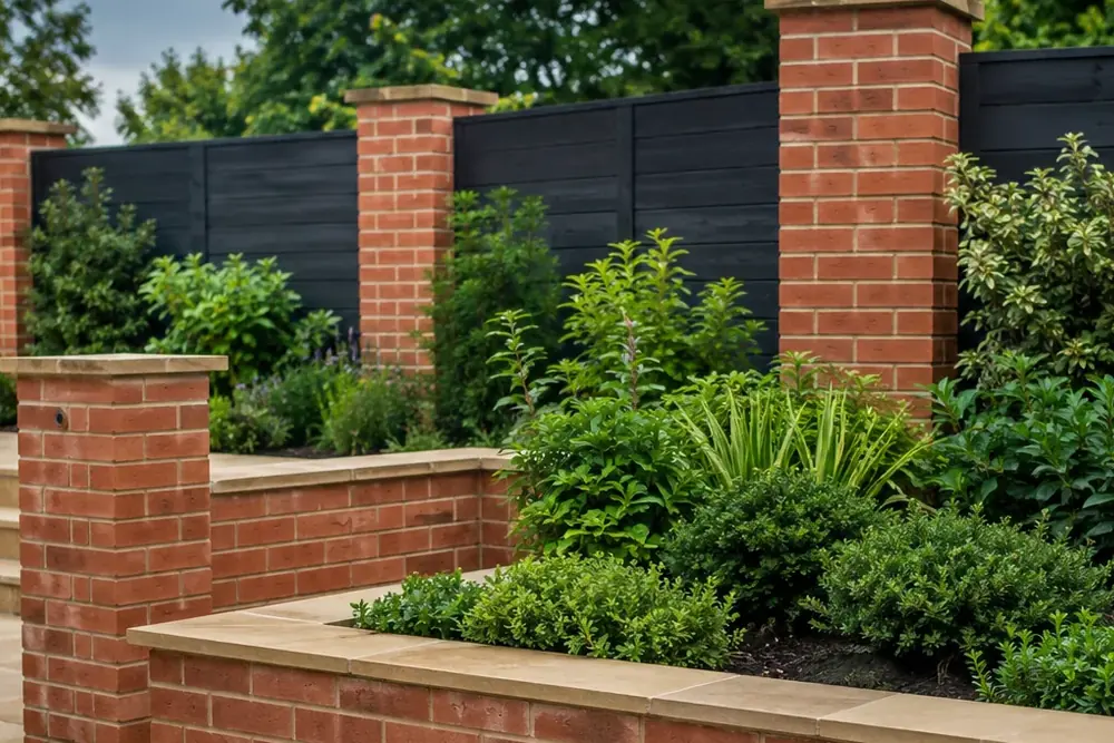 Modern composite fencing enclosing a landscaped garden