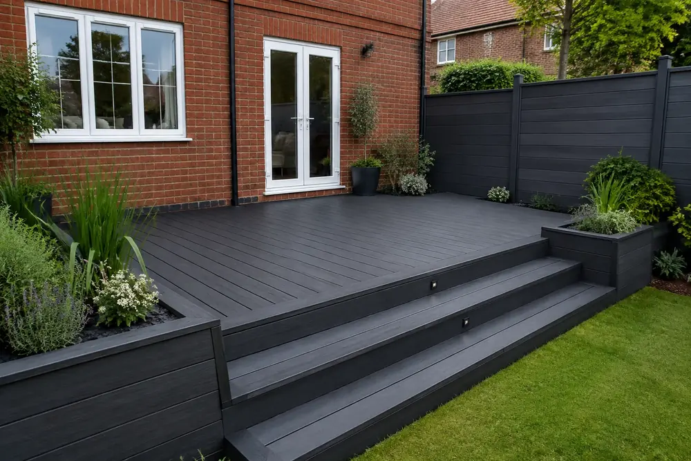 Charcoal composite decking with matching steps and fencing