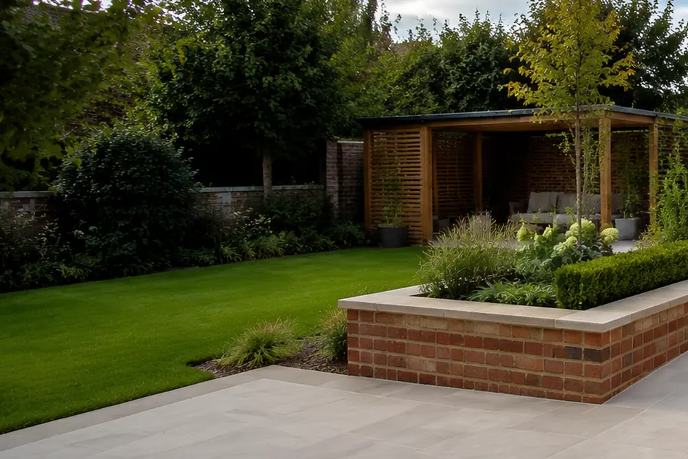 Freshly installed natural turf in a finished garden