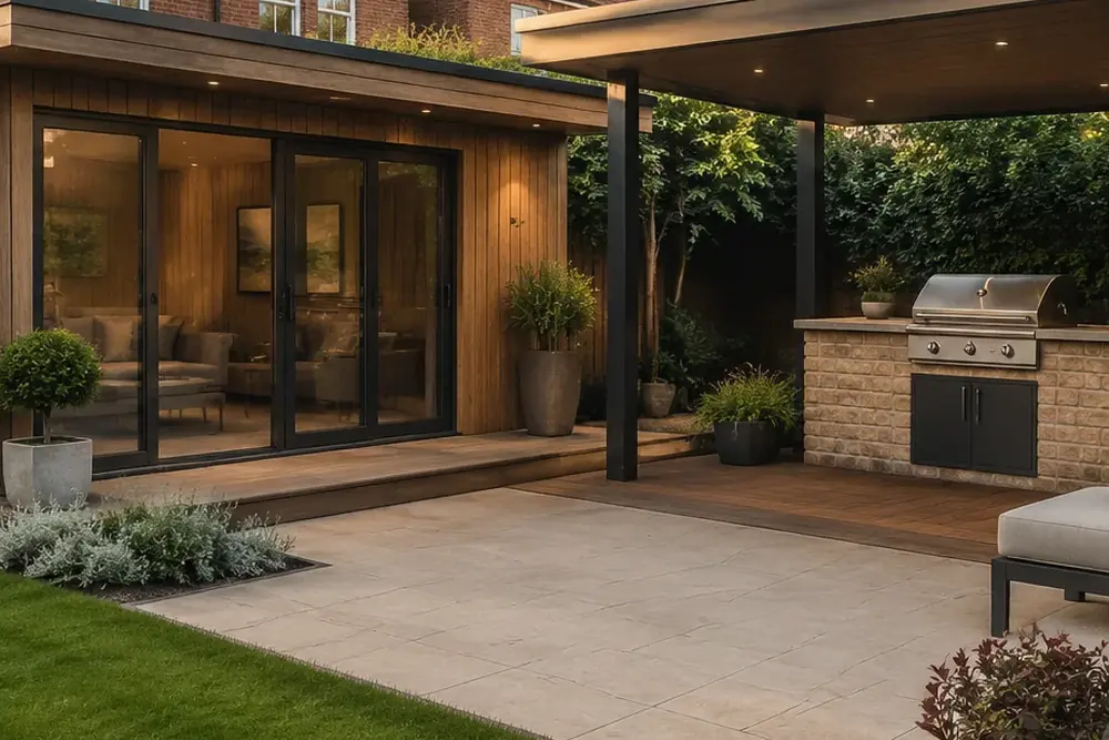Contemporary insulated garden room in a landscaped garden