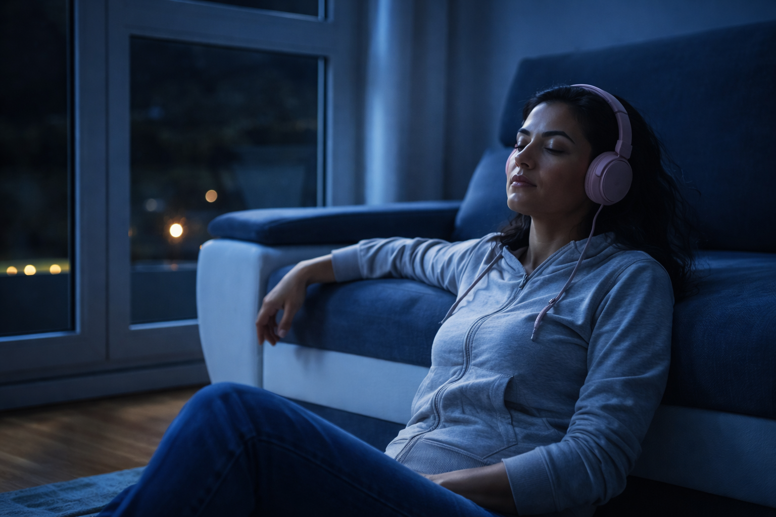 Woman in a calm reflective moment — music-guided self-discovery