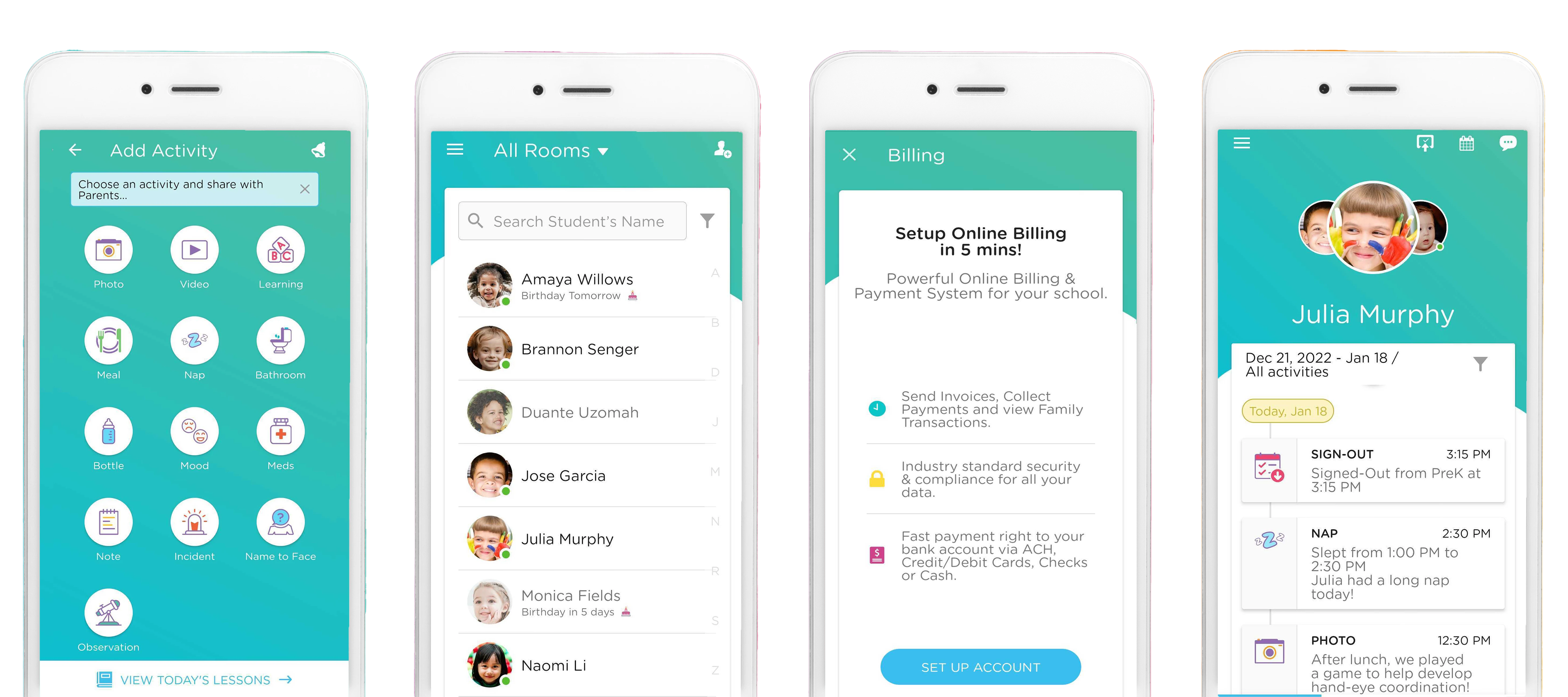 Procare app showing child daily activity