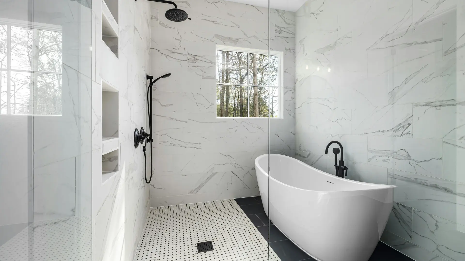 Modern walk-in glass shower in a Western New York bathroom remodel