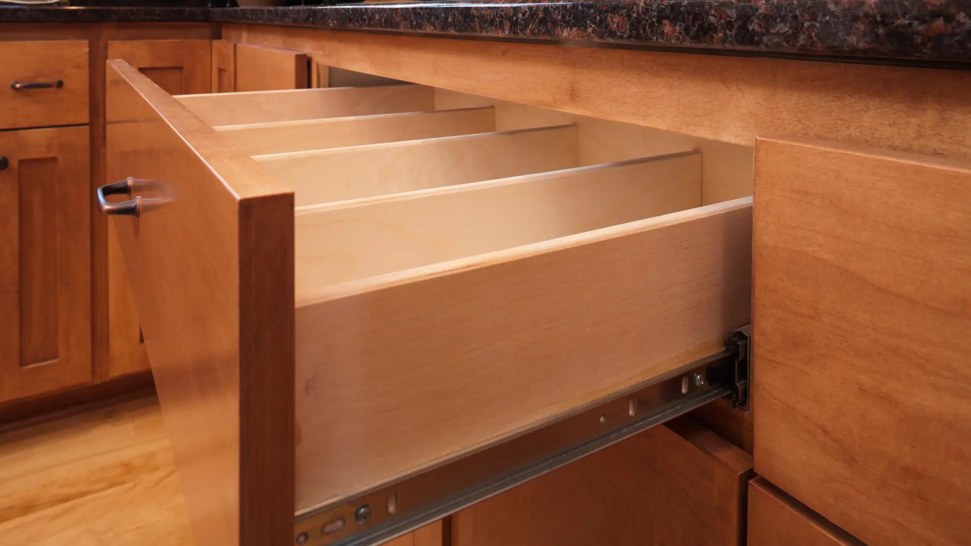 Custom cabinet drawer detail with solid wood construction, Western New York