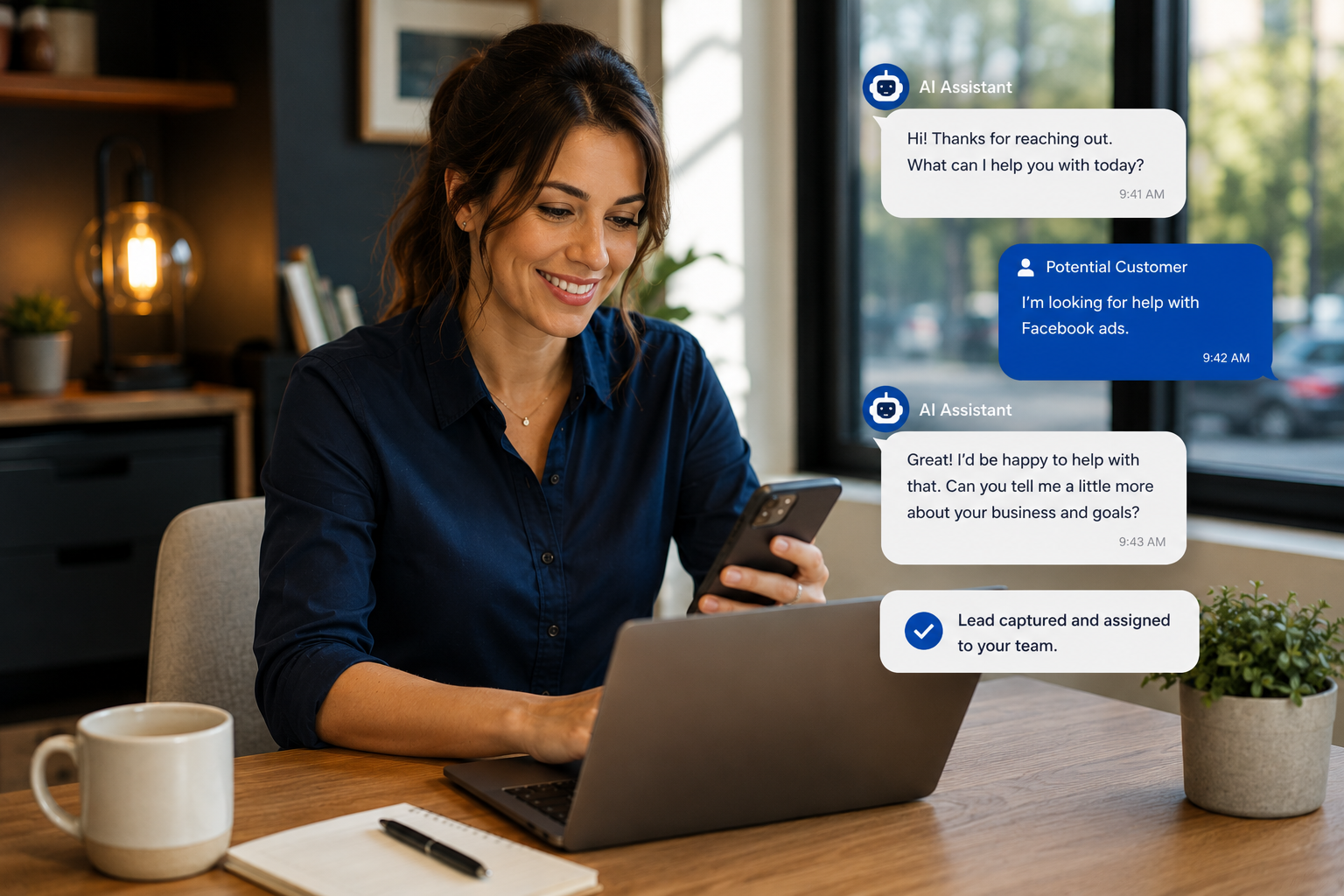 Professional AI-powered customer support interaction for small business leads
