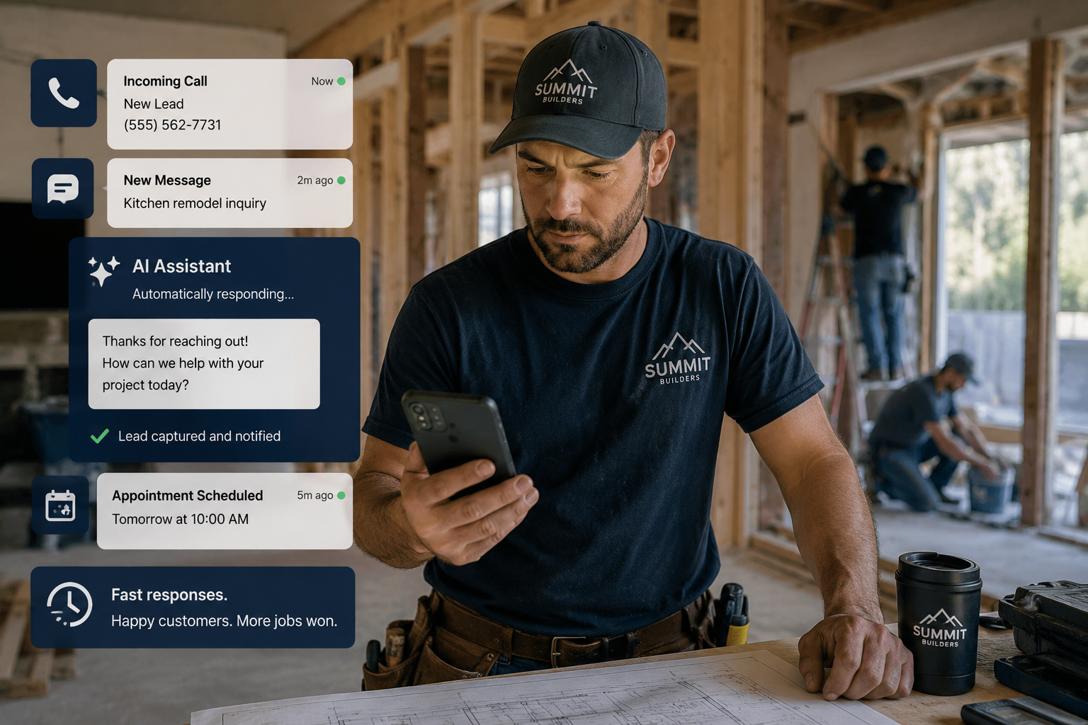 Contractor responding quickly to customer calls and messages using AI communication tools Contractor responding quickly to customer calls and messages using AI communication tools