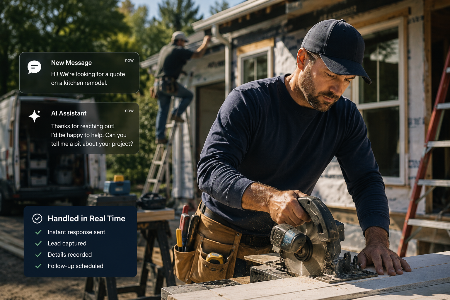The contractor stays focused on work while AI handles communication in the background. The contractor stays focused on work while AI handles communication in the background.