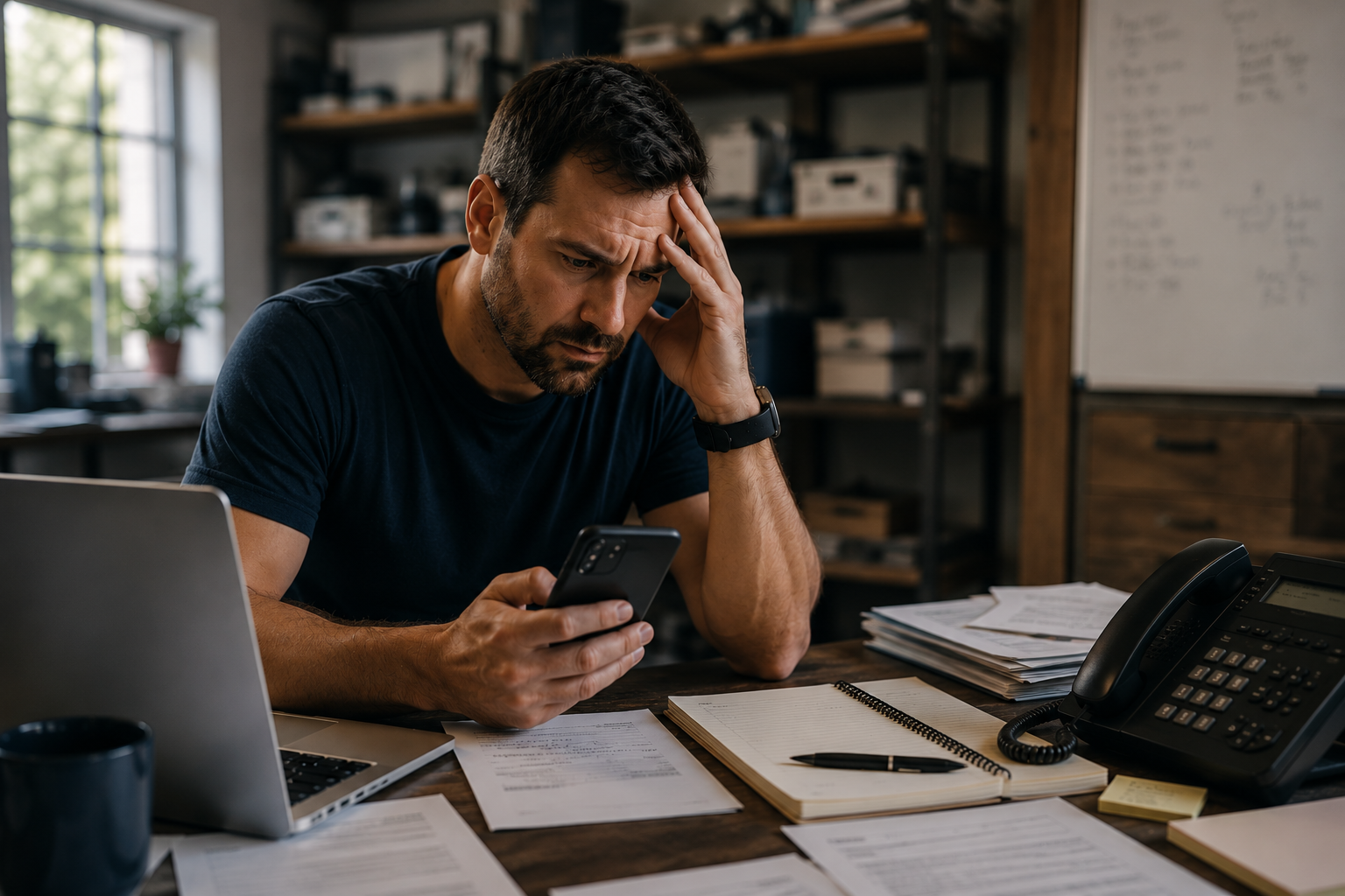 Small business owner overwhelmed by missed calls and customer communication