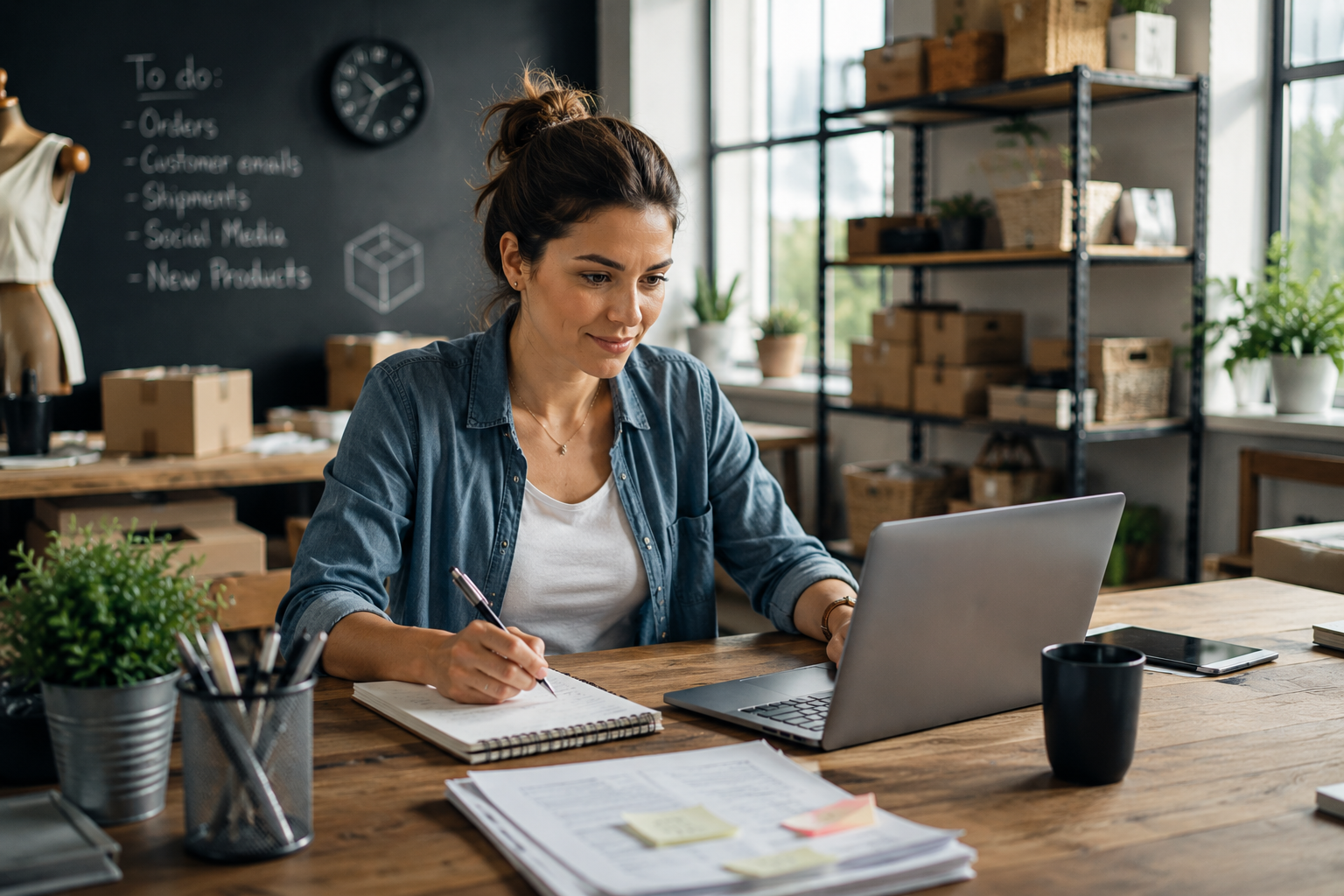 Small business owner organizing customer communication with AI support tools