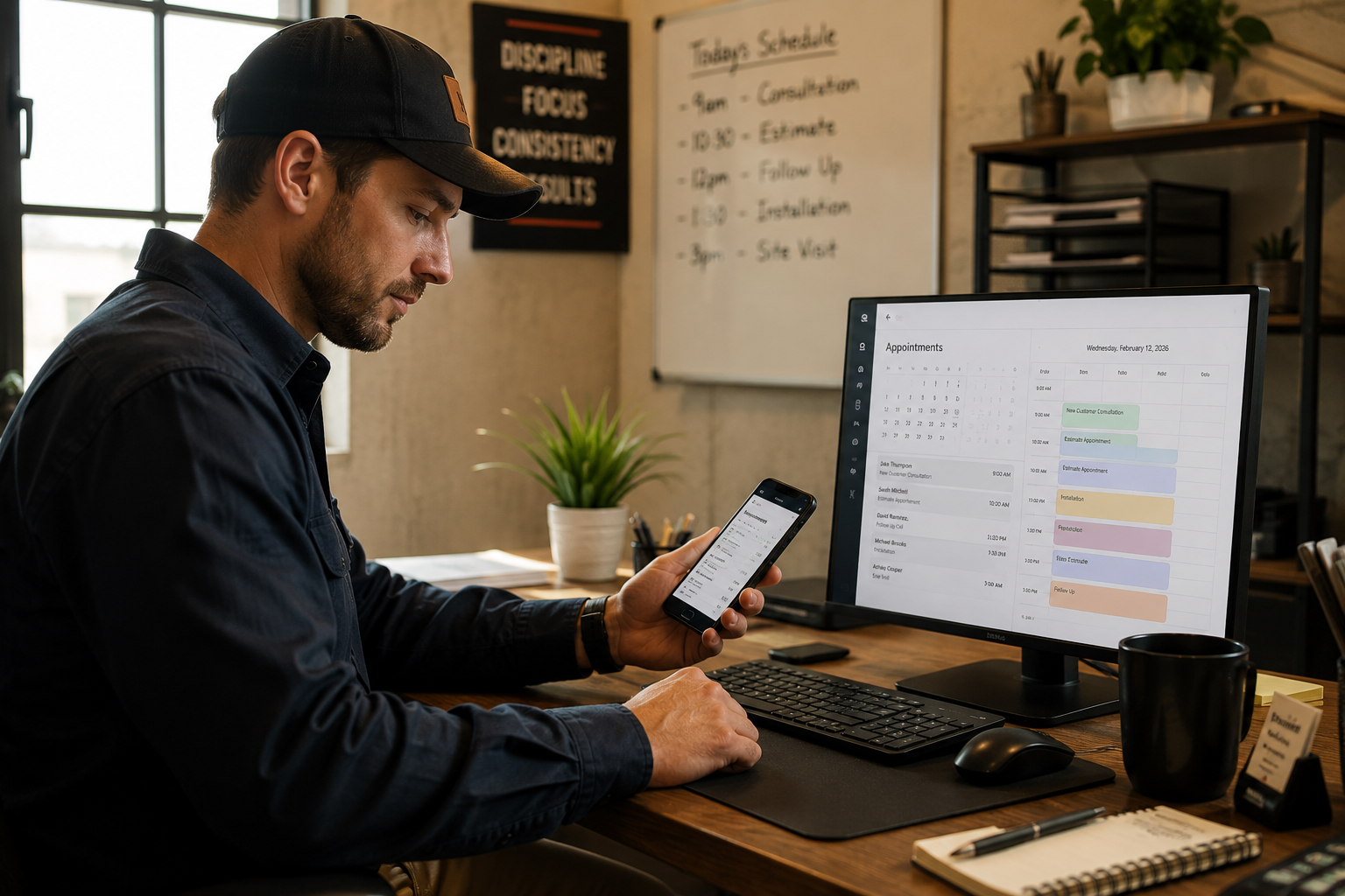 Small business owner using AI appointment scheduling tools to manage bookings and customer inquiries