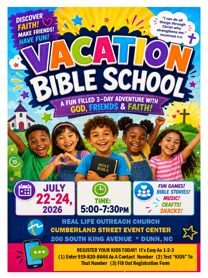 Real Life Outreach VBS event flyer with event information Real Life Outreach VBS event flyer with event information