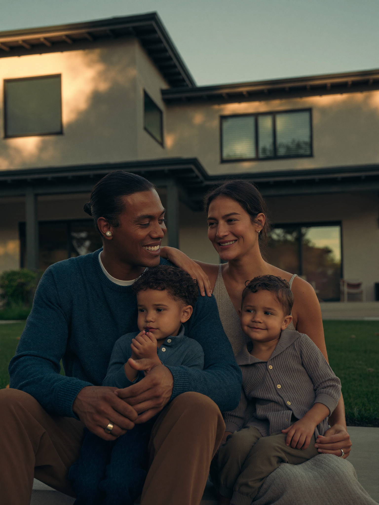 A couple sitting on the front steps of their home in the late afternoon with their two young children, talking quietly together.