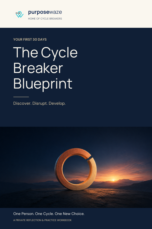 The Cycle Breaker Blueprint workbook cover, with the Purpose Waze bronze ring