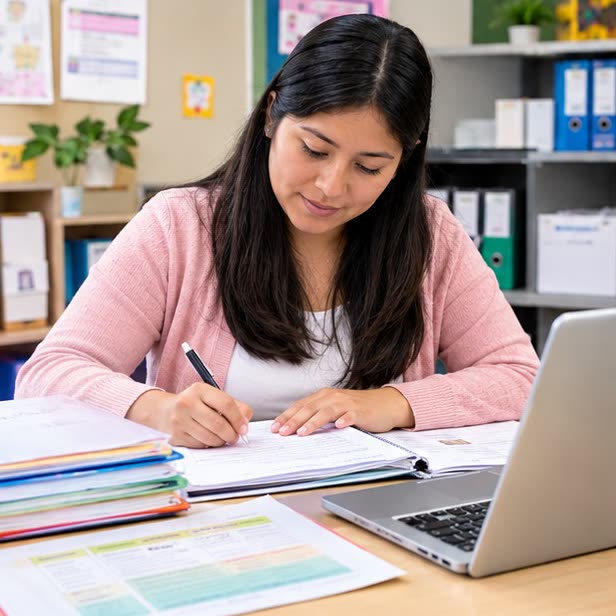Docente redactando su informe con la laptop al lado
