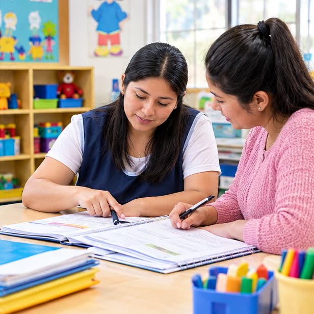 Dos docentes revisando juntas una carpeta pedagógica