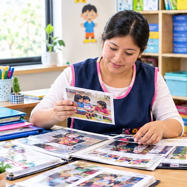 Docente revisando las fotos de evidencias de sus niños