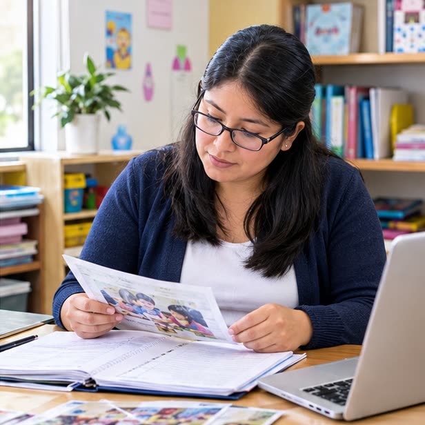 Docente analizando evidencias impresas junto a su cuaderno