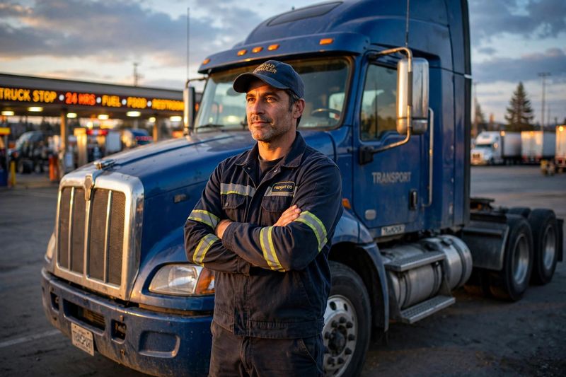 Truck driver standing beside his rig