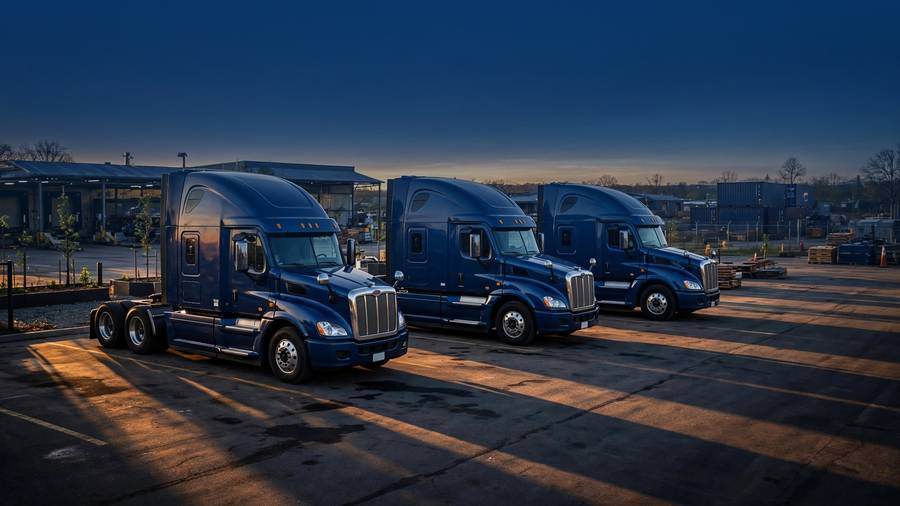 Semi-trucks parked at dusk