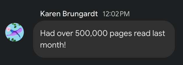 Karen Brungardt celebrating over 500,000 pages read in a month