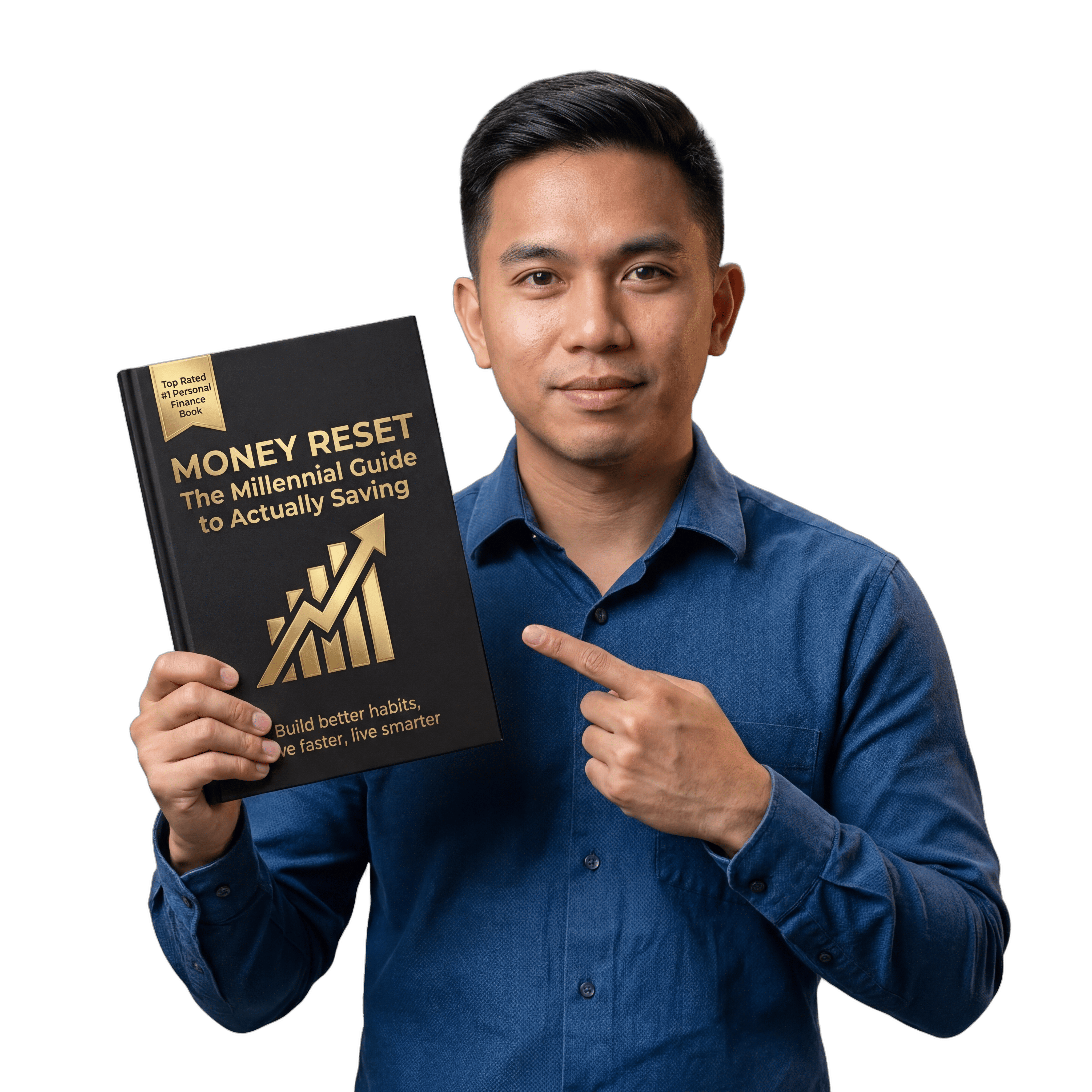 Author pointing at book