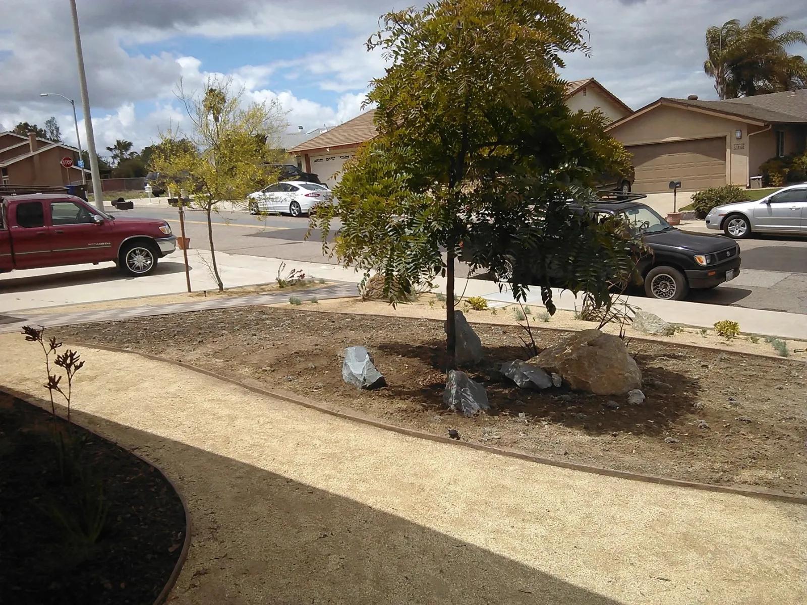 Decomposed granite path with edging around a front yard tree