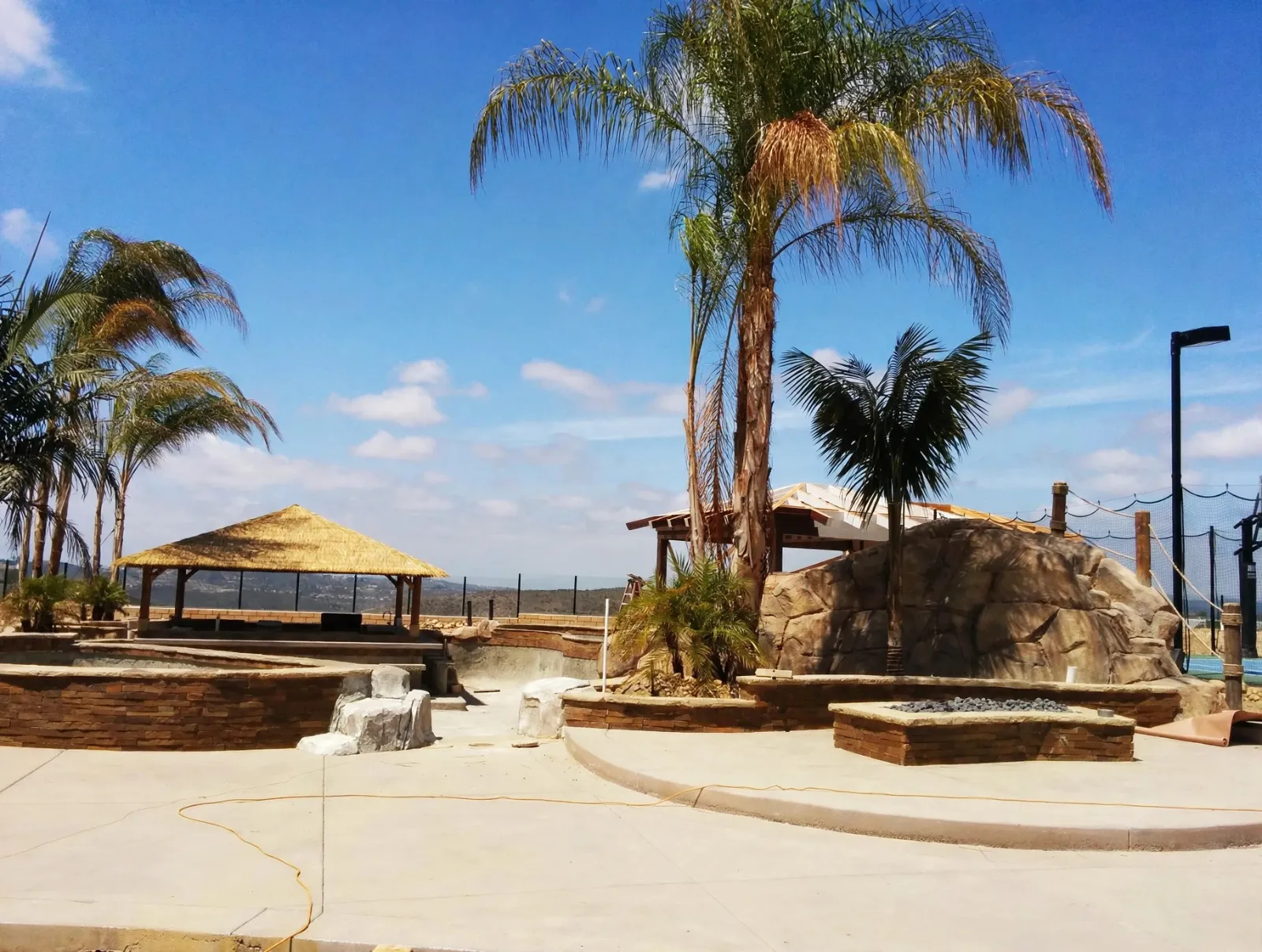 Curved concrete pool deck with a fire pit and palm trees