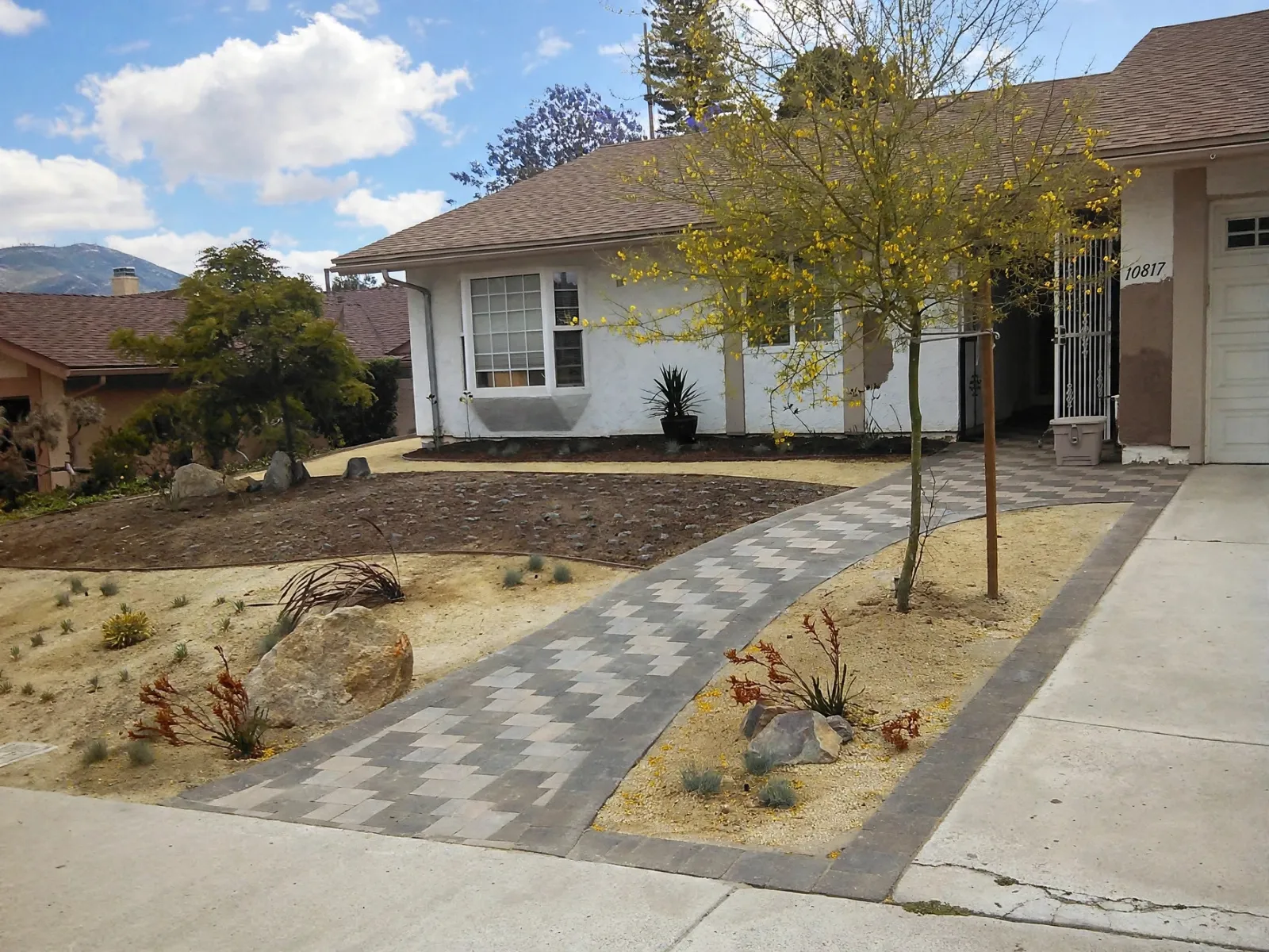 Patterned front entrance walkway with desert planting on both sides