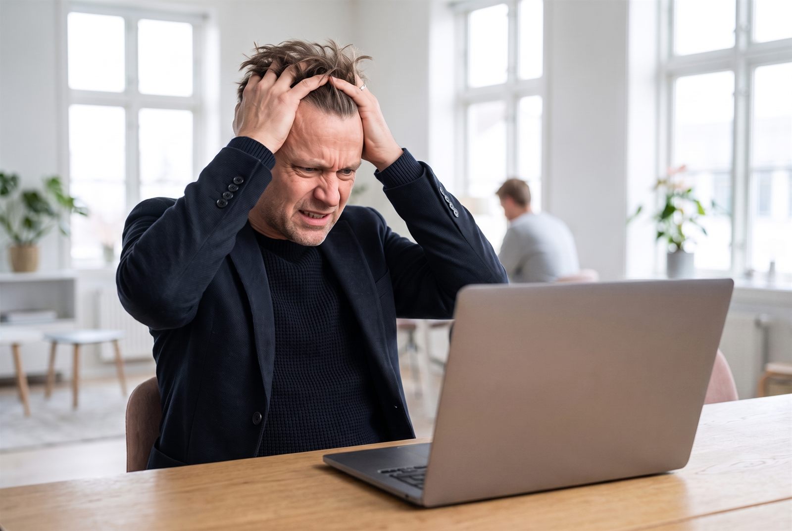 Frustrert bedriftseier tar seg til hodet mens han leser en urettferdig negativ omtale av bedriften sin på laptopen Frustrert bedriftseier tar seg til hodet mens han leser en urettferdig negativ omtale av bedriften sin på laptopen