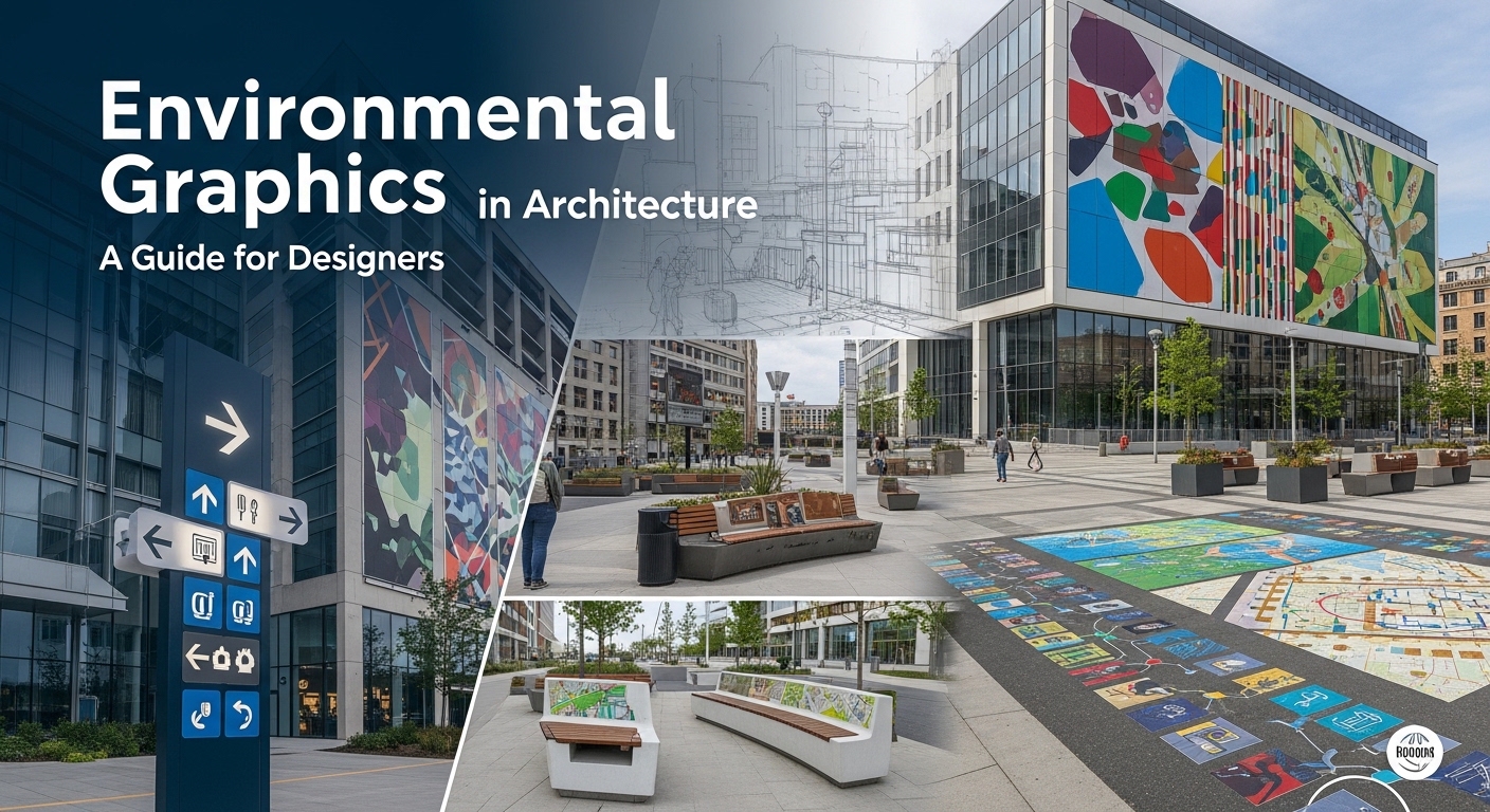 Environmental graphics integrated into modern architectural interior design space