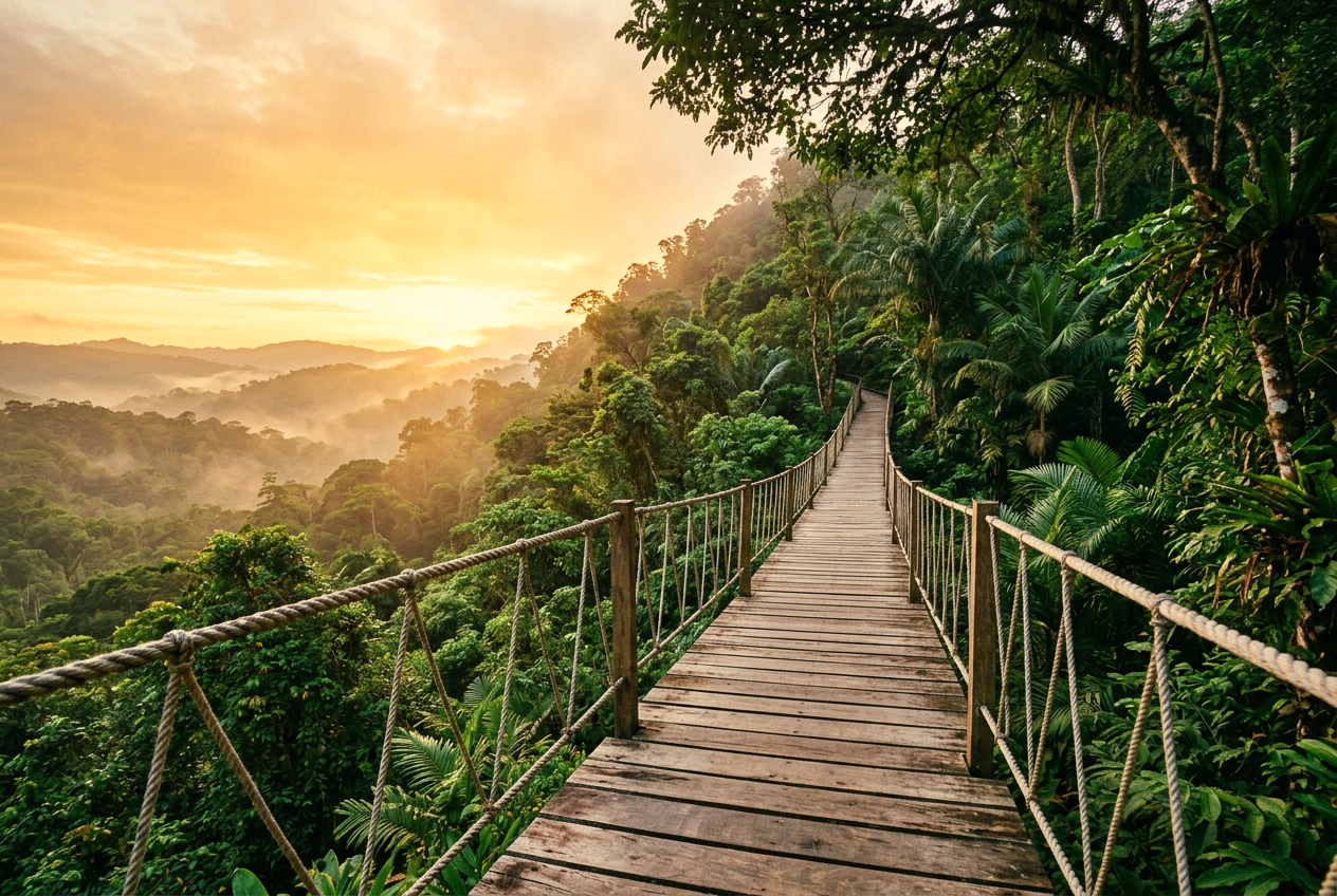 A rope bridge through the jungle