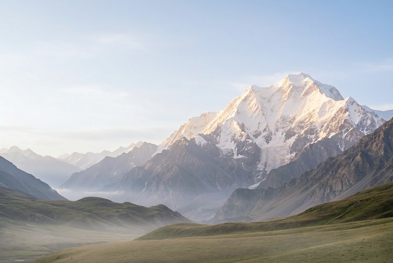 A snow-capped mountain above green hills