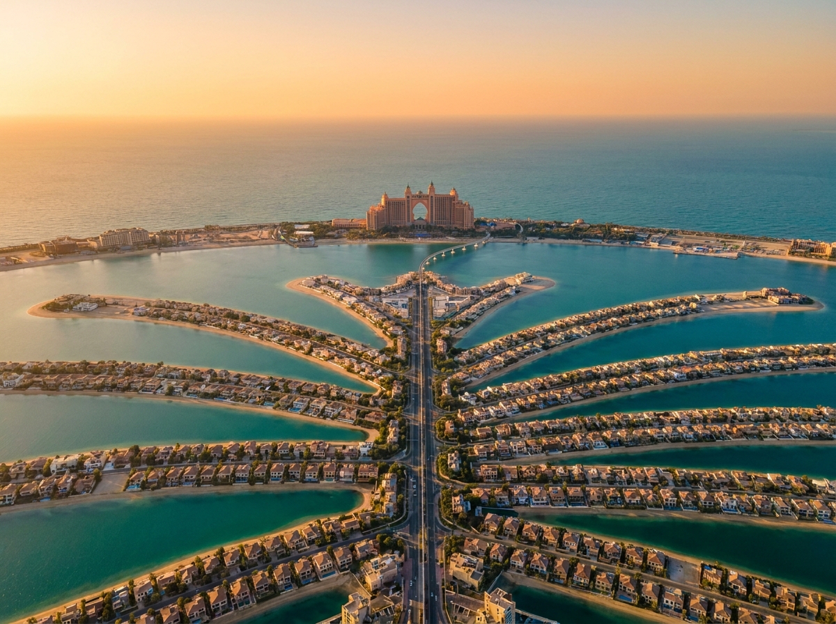 Palm Jumeirah in Dubai from the air at sunset