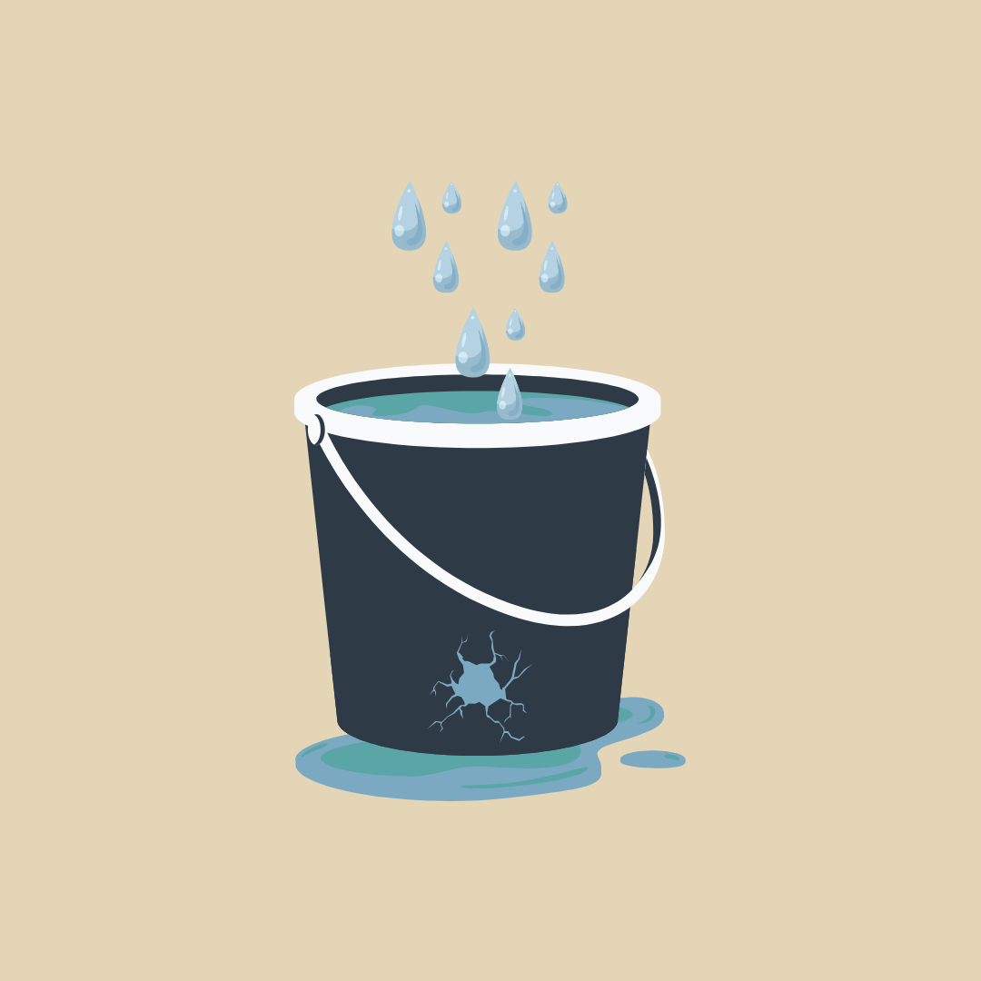 A leaking bucket with water dropping in from above and pooling at the base through a crack, representing marketing effort that is not being retained due to a lack of commercial structure underneath it. A leaking bucket with water dropping in from above and pooling at the base through a crack, representing marketing effort that is not being retained due to a lack of commercial structure underneath it.